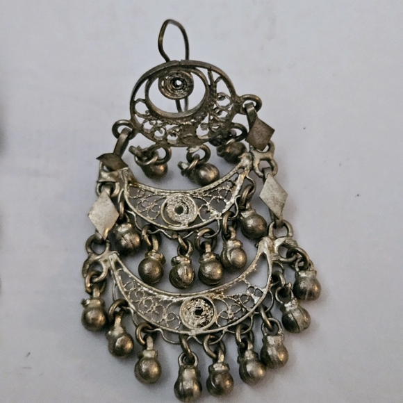 Vintage Handcrafted Intricate Ethnic Design Elegant Silver Chandelier Earrings - Picture 4 of 11